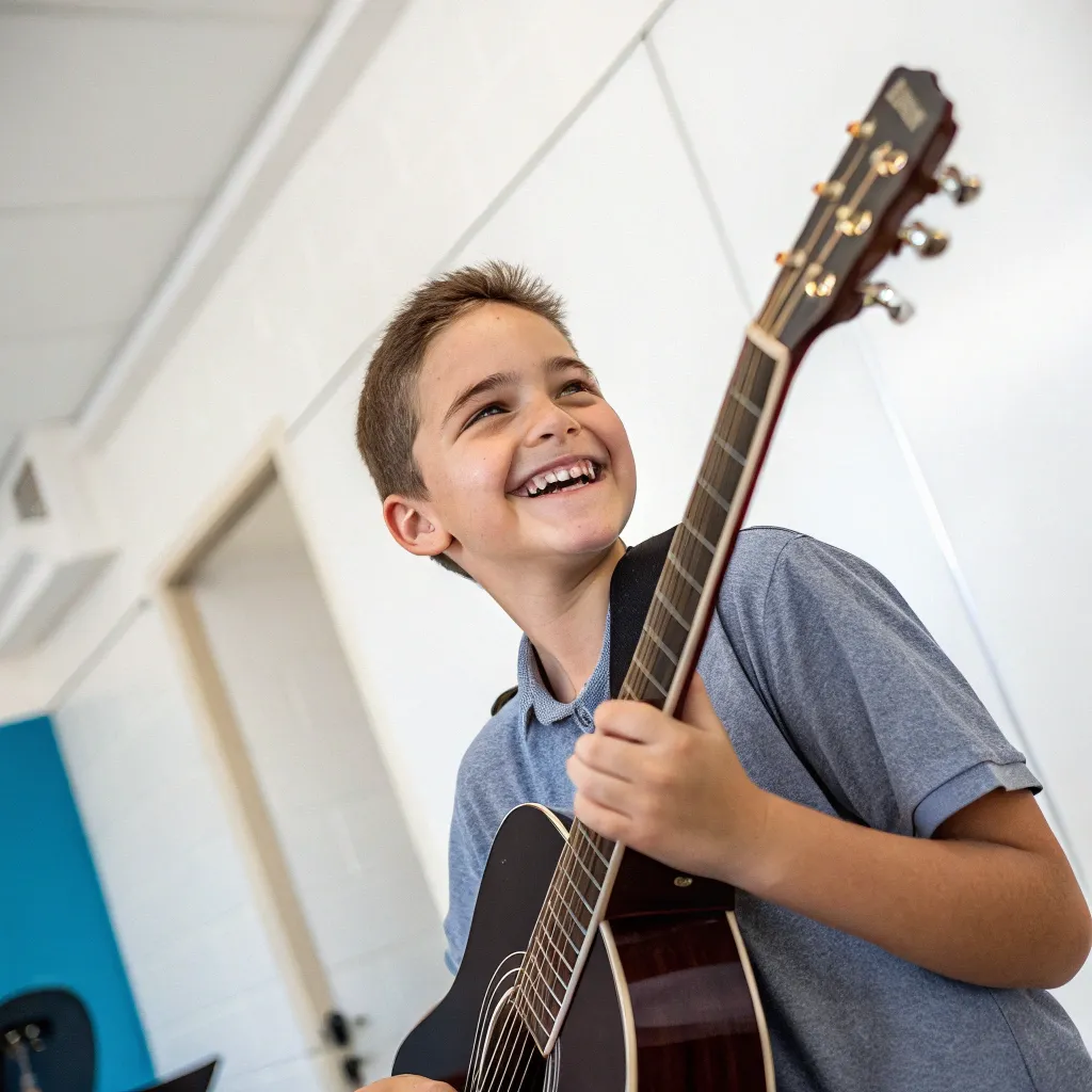 Smiling student holding a guitar
