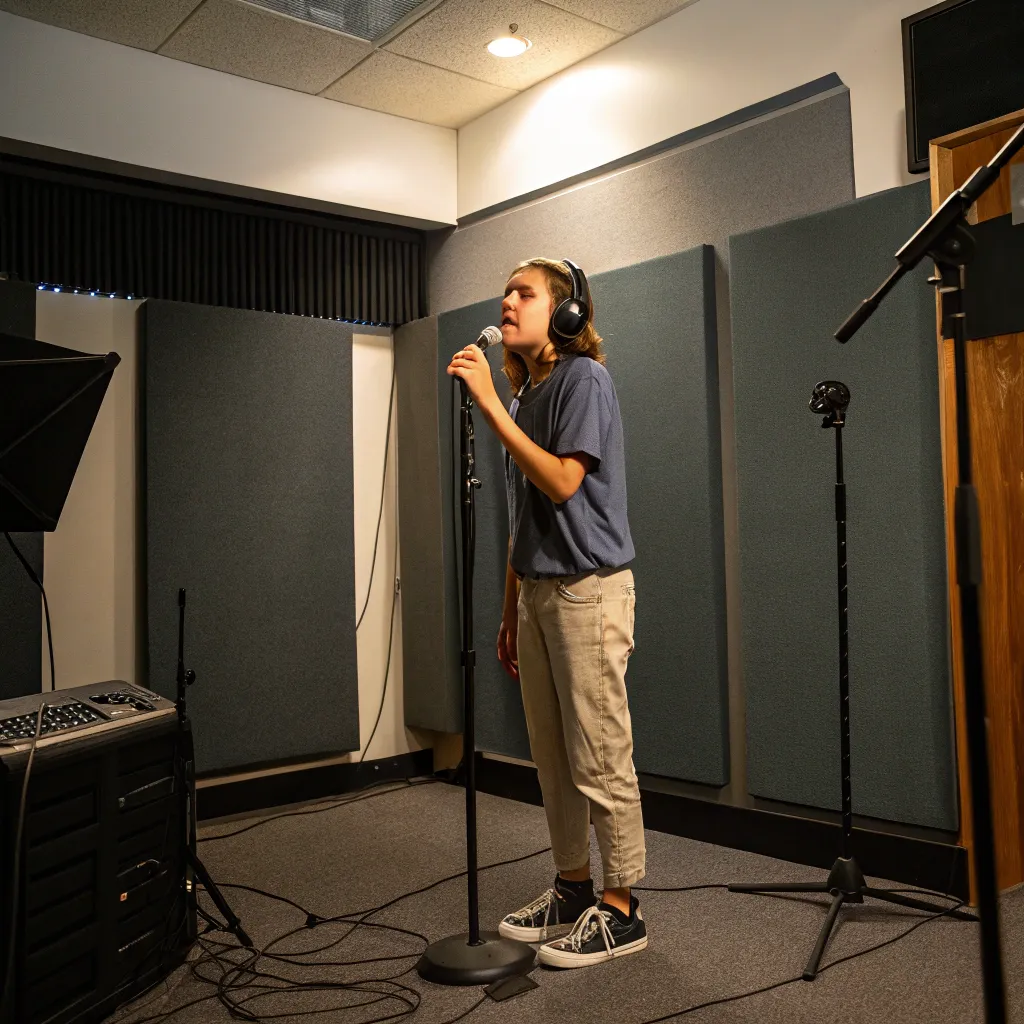 Student singing in a studio